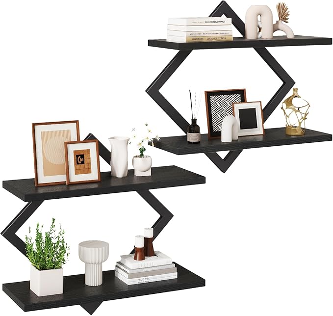 IBUYKE Floating Shelves,15 Inch Wall Shelf Set of 2,Wall Mounted Shelves,2 Tier Hanging Decorative Storage Shelf for Living Room, Bedroom, Bathroom, Kitchen TFS003B-2