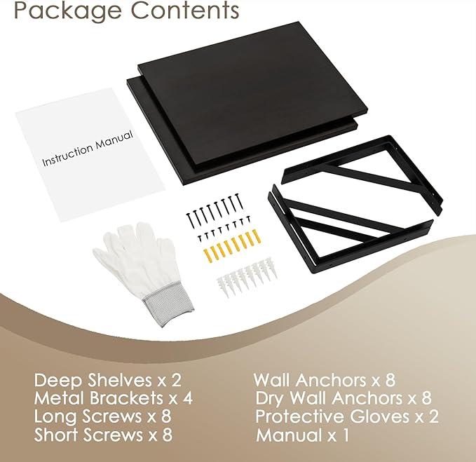 DINZI LVJ Deep Floating Shelves, 16" W x 12" D Wall Shelves Set of 2, Wide Display Shelf Mounted with Brackets, Easy-to-Install Wall Bookshelf for Living Room, Bathroom, Bedroom, Espresso