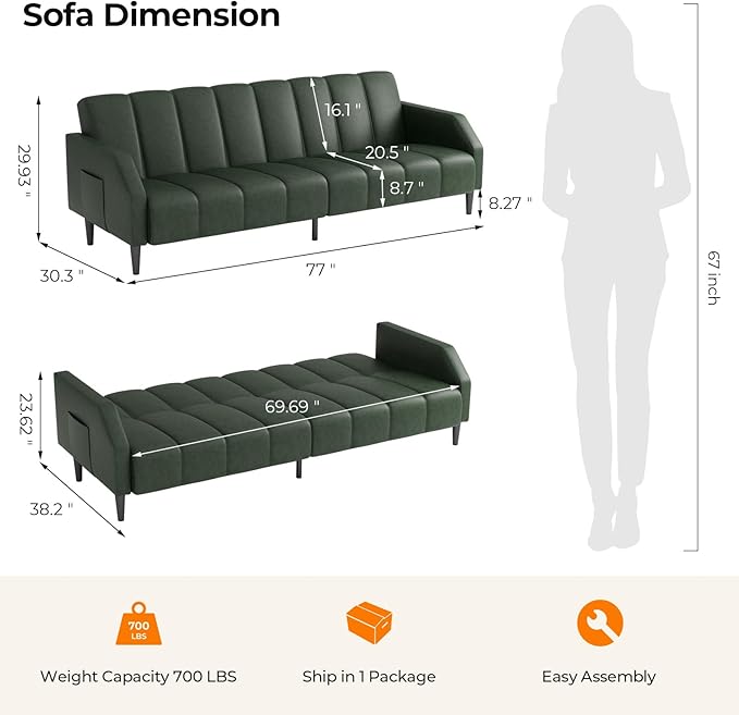 Fadware Faux Leather Couch, Convertible Futon Sofa Bed with Adjustable Backrest, Mid Century Leather Sofa Loveseat with Side Pockets& Metal Leg, Modern Leather Sleeper Sofa for Living Room Bedroom