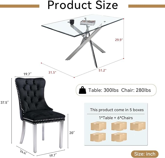 Goujxcy 51" Glass Dining Table Set for 6, Modern Kitchen Table and Chairs Set w/Steel Legs, 7-Piece Dining Table Set w/Glass Silver Dining Table and 6 Black Velvet Chairs for Kitchen Dining Room