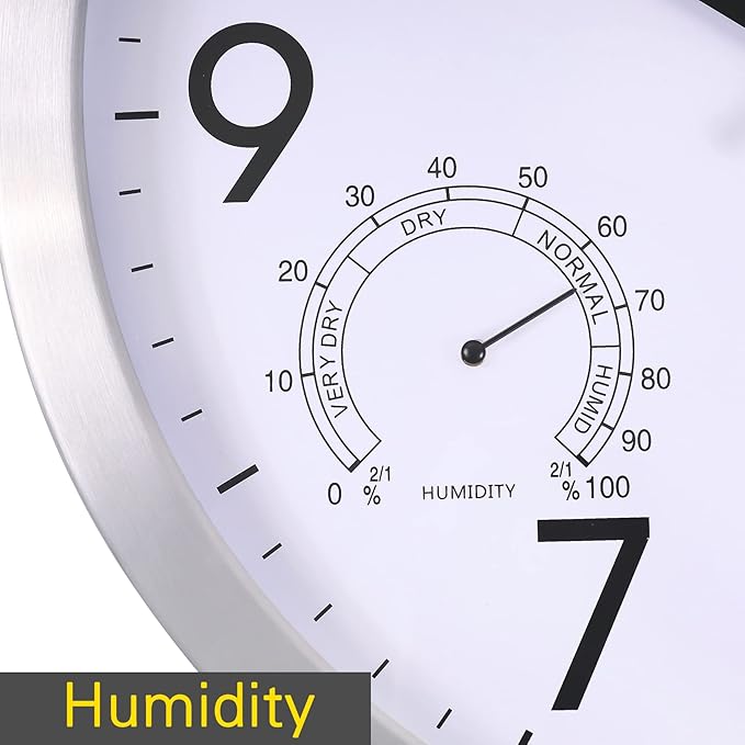 14Inch Wall Clock Battery Operated Aluminum Frame Wall Clocks, Silent Wall Clocks with Temperature & Humidity, Decorative for Home Housewarming Living Room