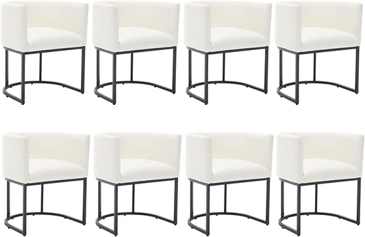 Faux Leather Dining Chairs Set of 8 Modern Barrel Arm Chairs with Black Metal Frame, Upholstered Kitchen Chairs 18.5" Wide Accent Chairs for Living Room Dining Room Restaurant, White