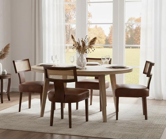 Mid Century Modern Dining Chairs Set of 4 Rattan Kitchen Chairs PU Leather Upholstered Side Chairs, Modern Kitchen Armless Solid Wood Dining Chairs, Brown