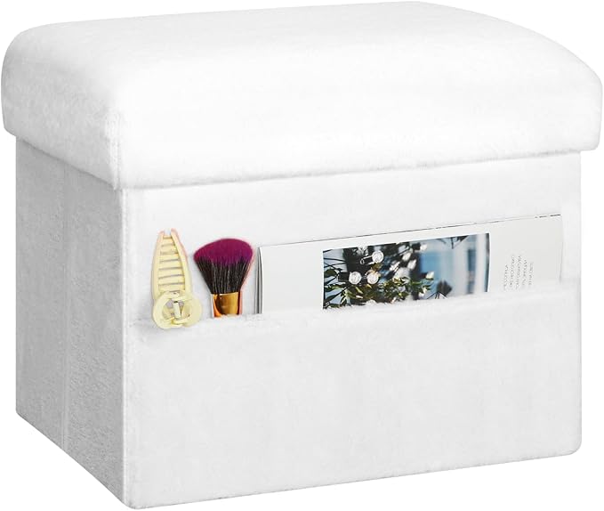 Storage Ottoman Cube, Small Ottoman with Storage with Thicker Furry Padded Seat. Folding Soft Fur Foot Rest Stool for Living Room Bedroom, Holds Up to 300 lbs, 17x13x13IN (White)
