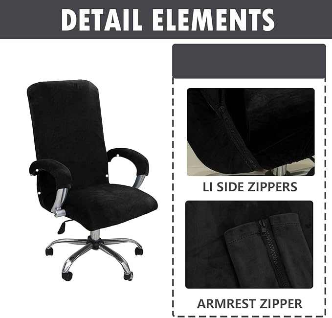 Velvet Plush Stretch Computer Office Chair Cover with Armrest, Chair Seat Cover for Office Chair for Pets & Kids, Removable Universal Desk Chair Covers for Swivel Rotating, Black, XL