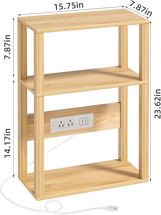 3 Tier Small Narrow Bamboo Side Table Set of 2 with Charging Station - Skinny Nightstand for Small Spaces, Slim Bedside Table with USB Ports and Outlets - Thin End Table with Storage, Natural