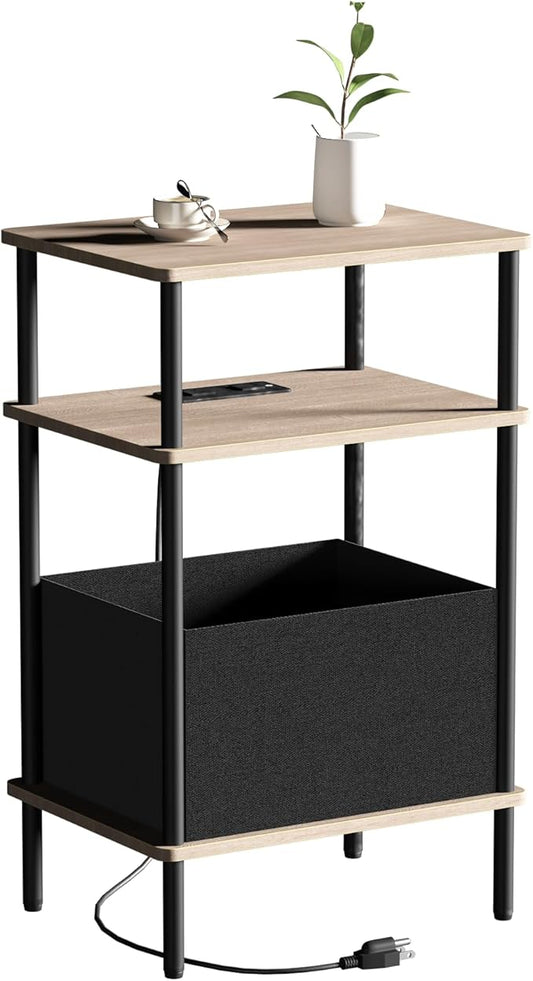 Small Side Table with Charging Station, End Table for Small Spaces, Slim Nightstand with Outlet,Sofa Beside Table, 3-Tier Storage Shelf,Living Room, Bed Room, Natrual Walnut
