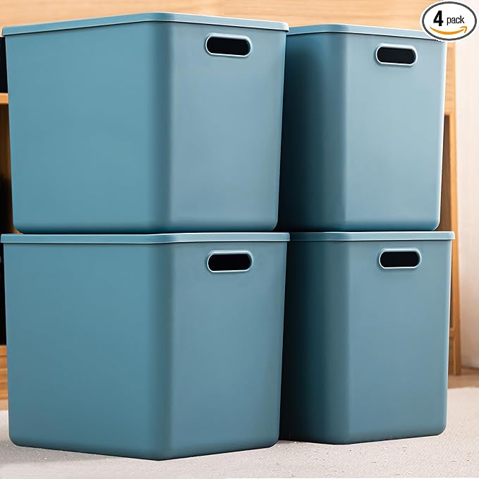 Plastic Storage Bins with lids,Storage Baskets,Container with handle,Storage Organizer Bins for Shelves,Office,Bedrooms,Closets, Cabinets(Blue, 4XL)