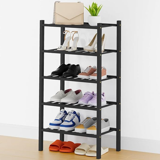 Smiry Shoe Rack, 5 Tier Thick Small Bamboo Shoe Organizer, Stackable Free Standing Wooden Shoe Storage Shelf for Closet, Entryway, Front Door Entrance, Black