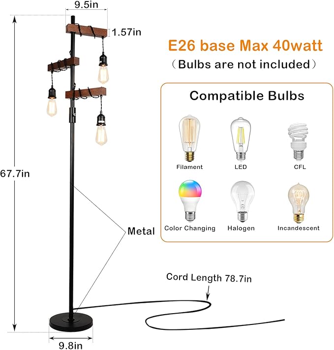Airposta Industrial Floor Lamp, Farmhouse Tree 68 Inch 3 Lights Wood Standing Lamp, Sturdy Base Tall Vintage Metal Black Pole Light for Living Room Bedroom Office Rustic Home
