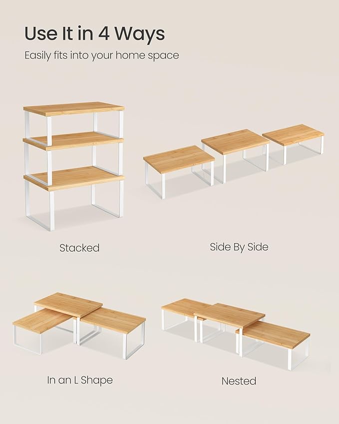 SONGMICS Cabinet Organizer Shelf, Set of 3 Kitchen Counter Shelves, Kitchen Storage, Spice Rack, Stackable, Expandable, Cloud White and Natural Beige UKCS014YL02
