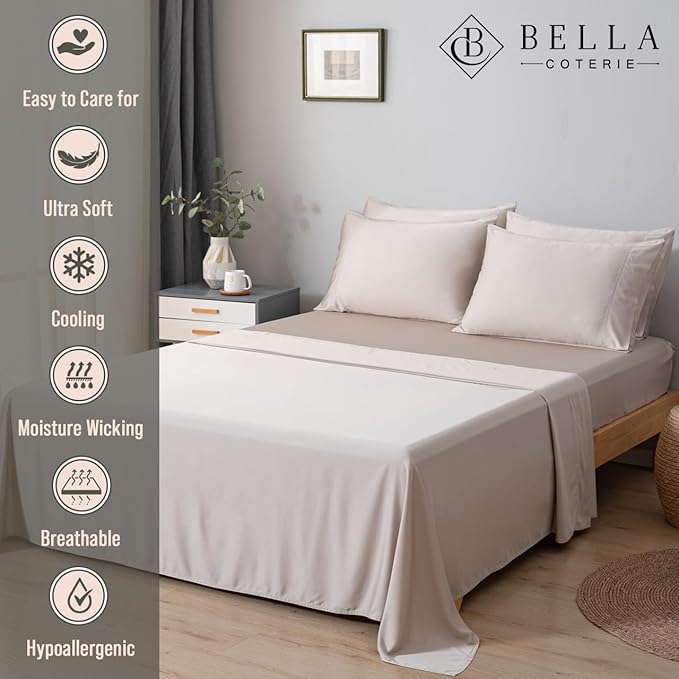 Bella Coterie 6 Piece Luxury Bamboo Viscose King Size Sheet Set | 100% Organically Grown | Cooling for Hot Sleepers | 18" Deep Pocket | Soft & Hypoallergenic | 4 Pillowcases [Dune]