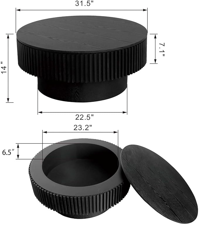 31.5'' Small Round Coffee Table with Storage, Fluted Coffee Table with Solid Wood Veneered, Mid Century Modern Wooden Center Table, Accent Tea Table for Small Space Living Room Apartment,Black
