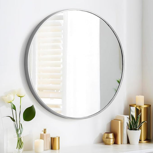 24" Round Mirror Circle Wall Mounted Hanging or Against Wall Aluminum Alloy Metal Frame Dressing Make-up Mirrors for Entryway Bedroom Bathroom Living Room 24 inch Silver