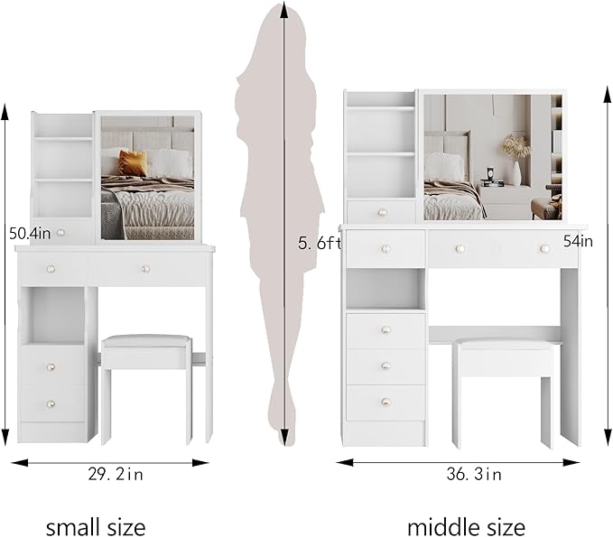 KEIKI Vanity Desk with Sliding Mirror & Cushioned Stool, 37'' Makeup Dressing Table Set for Bedrooms, Dorms, Apartments, White