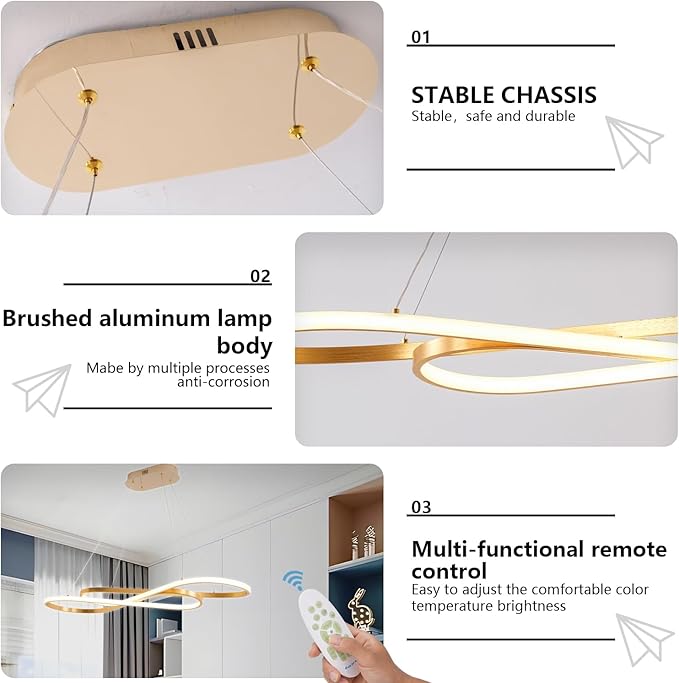 Gold Led Chandelier for Kitchen Island Lighting,Dimmable Modern Chandelier for Dining Room, L39.4" Modern Led Pendant Light Fixture Height Adjustable Brushed Gold Dining Room Light Fixture Over Table
