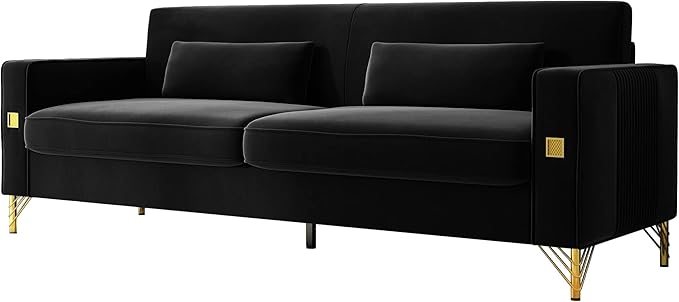 85.63" Velvet Sofa,Modern Loveseat Couch with Pillows Set of 2 for Living Room,Bedroom,Apartment Furniture with Gold Metal Legs (Black)