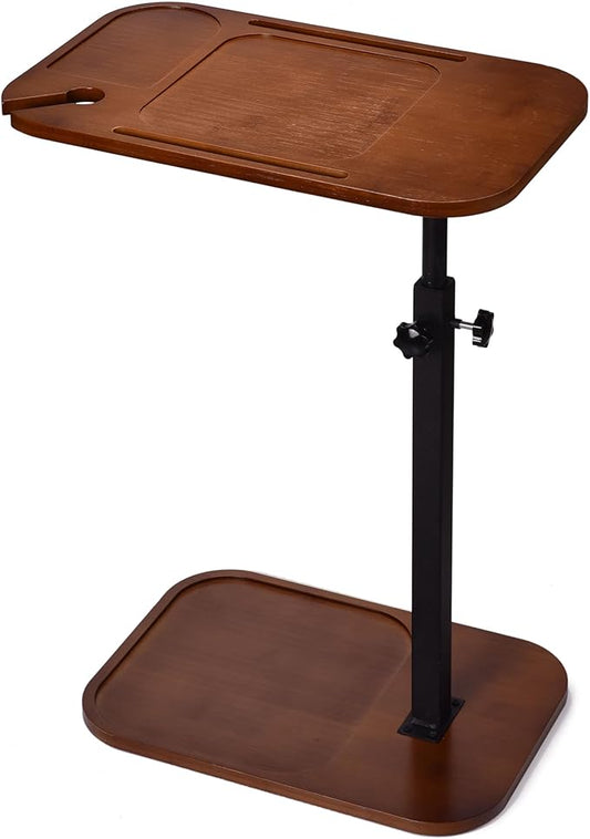 DAVIDOK C-Shaped Sofa End Table, Adjustable Height Couch Side Table with Device Slot, Brown Color with Black Metal Stand, Couch Table for Living Room, Bedroom