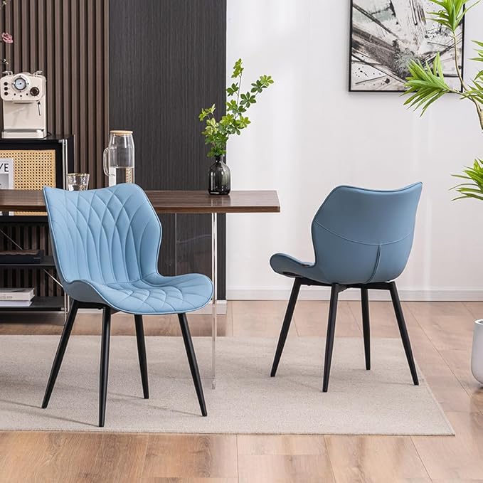 Kidol & Shellder Modern Dining Chairs Set of 2 Comfy Dining Room Chairs with Thick Cushions PU Leather Upholstered Kitchen Side Chairs with Metal Legs Blue