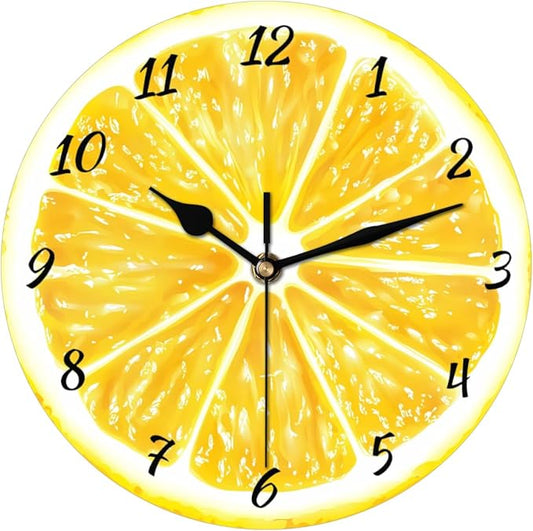Yellow Lemon Wall Clock Battery Operated 10 in Round Wall Clocks Slilent Non Ticking Quartz Analog Clock for Bedroom Kids Living Room Classroom Decor