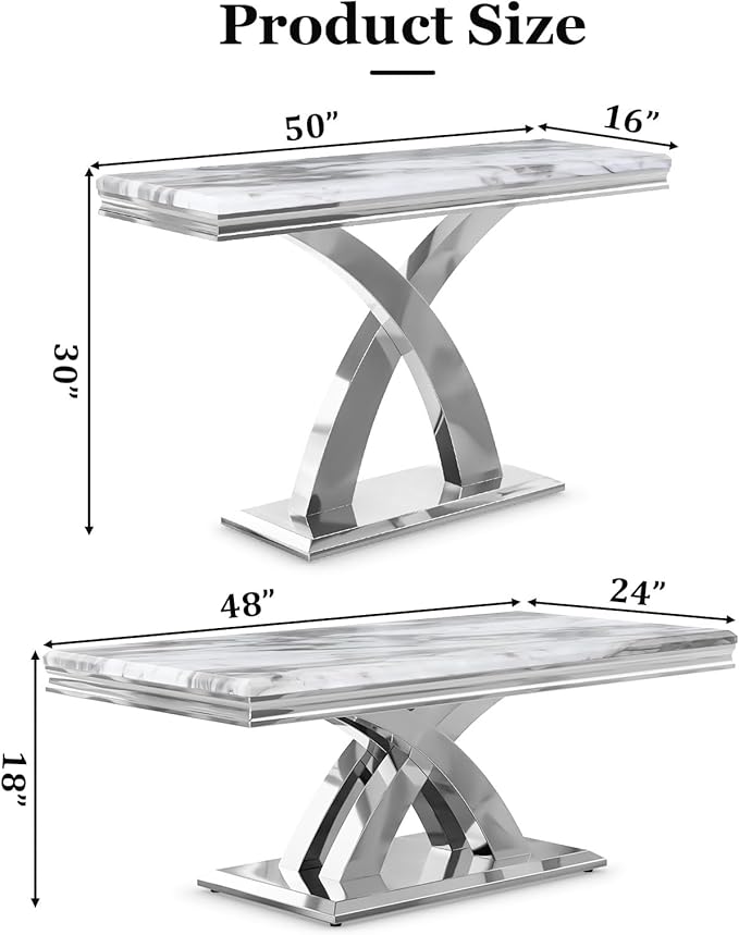 AUZ 2 Pieces Silver Living Room Table Set, Coffee Table and Console Table with X-Shape Design Polished Stainless Steel Frame