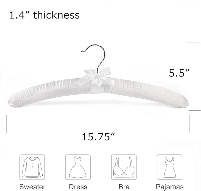 Pure White Satin Padded Sweater Hangers 10 Pack, Blouse Hanger with Thick & Soft Foam for Bridal Wedding Dress Lingerie, Smooth Silk Covered Shirt Hanger Without Shoulder Bump