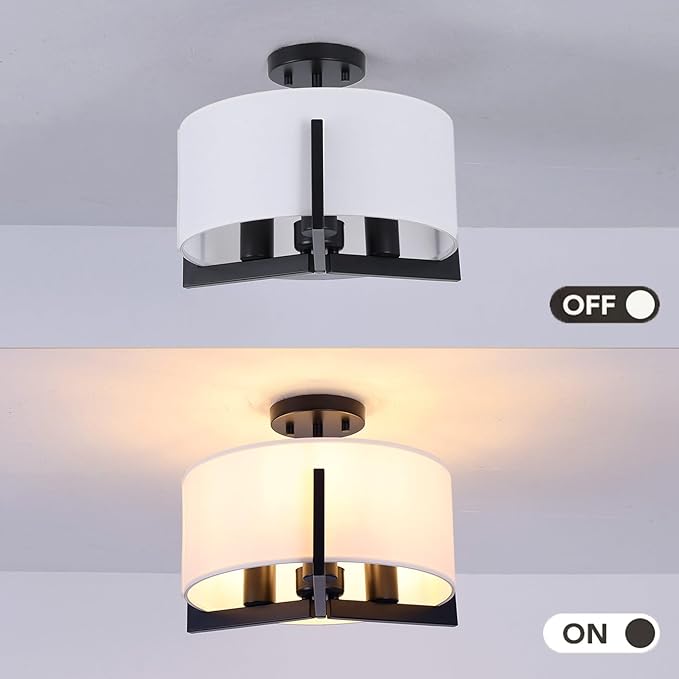14 inch Black Semi Flush Mount Ceiling Light, 3-Light Modern Lighting Fixtures Ceiling Mount with White Drum Fabric Shade for Bedroom Entryway Hallway