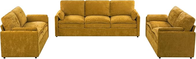 3 Pieces Chenille Sofa Set w/Arm Pillows, Upholstered 2 Pieces Loveseat & 3 Seater Sofa w/Comfortable Back Cushions, Modern 2-Seat & 3-Seat w/High-Density Foam for Living Room, Yellow