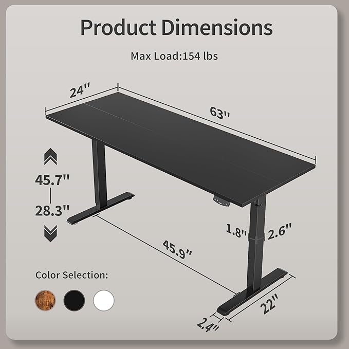 Agilestic Electric Standing Desk, Large 63 x 24 Inches Height Adjustable Desk, Sit Stand up for Work Office Home, Ergonomic Rising Gaming Computer Table with Memory Preset, Black