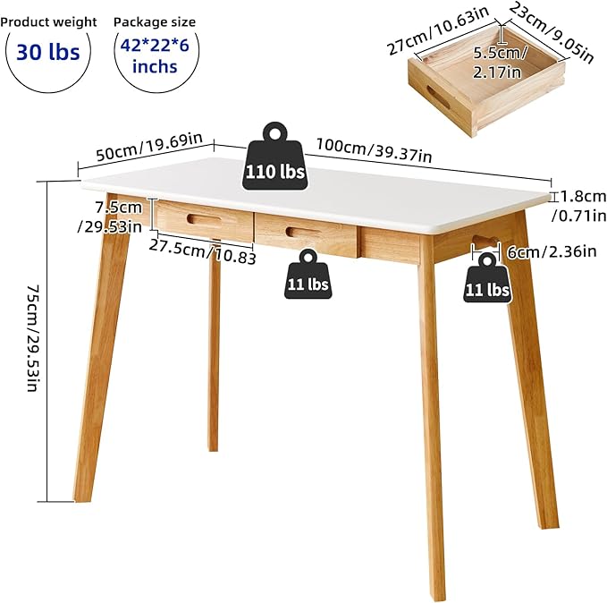 Small Computer Desk Table, Wood Writing Desk with Drawer and Hanging Rod, 39x20x30inch Study Desk, Work Desk, Wooden Dining Table White + Natural Wood Legs YD-WD01WN