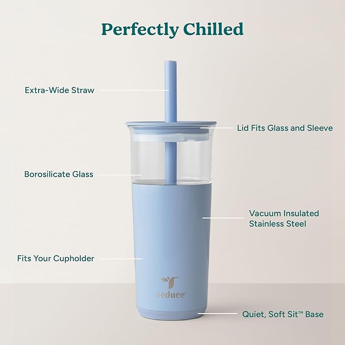 REDUCE Aspen 20 oz Vacuum Insulated Glass Tumbler with Lid & Extra Wide Straw - Keeps Drinks Cold for 12 Hrs - Ideal for Iced Coffee, Smoothies & Boba - Dishwasher Safe, Soft Base - Glacier