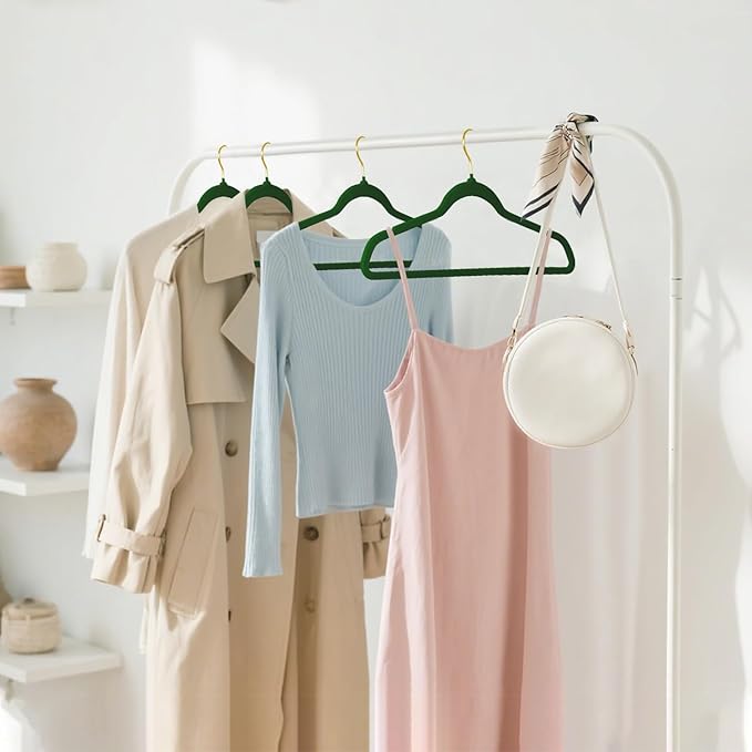 ManGotree Velvet Coat Hangers with 360° Swivel Gold Hook, Non-Slip Felt Suit Hangers, Slim Space Saving Clothes Hanger for Jacket, Sweater, Shirt, Dress, Pants (36 Pack, Green)