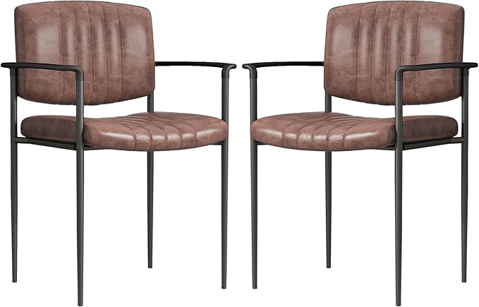 Mid-Century Modern PU Leather Dining Chairs Set of 2, Upholstered Kitchen Chairs with Arms and Metal Legs Adjustable Feet for Kitchen Dining Room(Brown)
