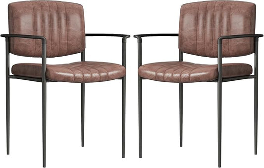 Mid-Century Modern PU Leather Dining Chairs Set of 2, Upholstered Kitchen Chairs with Arms and Metal Legs Adjustable Feet for Kitchen Dining Room(Brown)