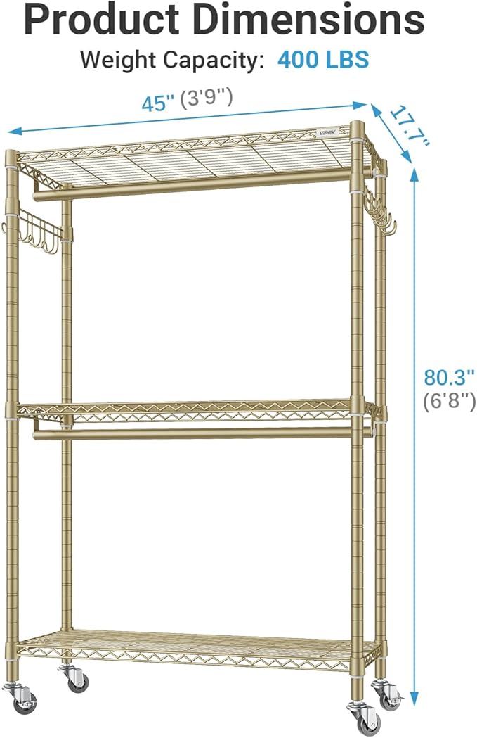 VIPEK R2 Plus Rolling Clothes Rack for Hanging Clothes Heavy Duty Garment Rack 3 Tiers Adjustable Wire Shelving Clothing Racks with Double Hanging Rods, Closet Organizers and Storage, Gold