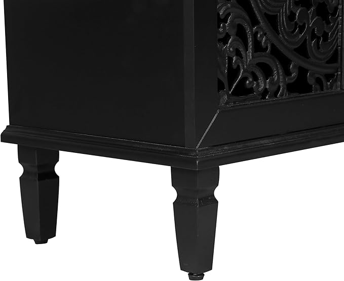 Retro 60'' Large Storage Cabinet Sideboard with 4 Hollow-Carved Doors and Adjustable Shelves, Acacia Wood Vintage Entryway Console Table TV Stand for Living Room Dining Room (Black-LK)