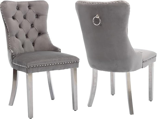 Luxury Upholstered Dining Chairs Set of 2, Grey Kitchen Chair with Silver Metal Legs, Velvet Tufted Back Dining Chair, Sillas de Comedor, Modern Kitchen & Dining Room Chairs (Gray, 2 Pcs)
