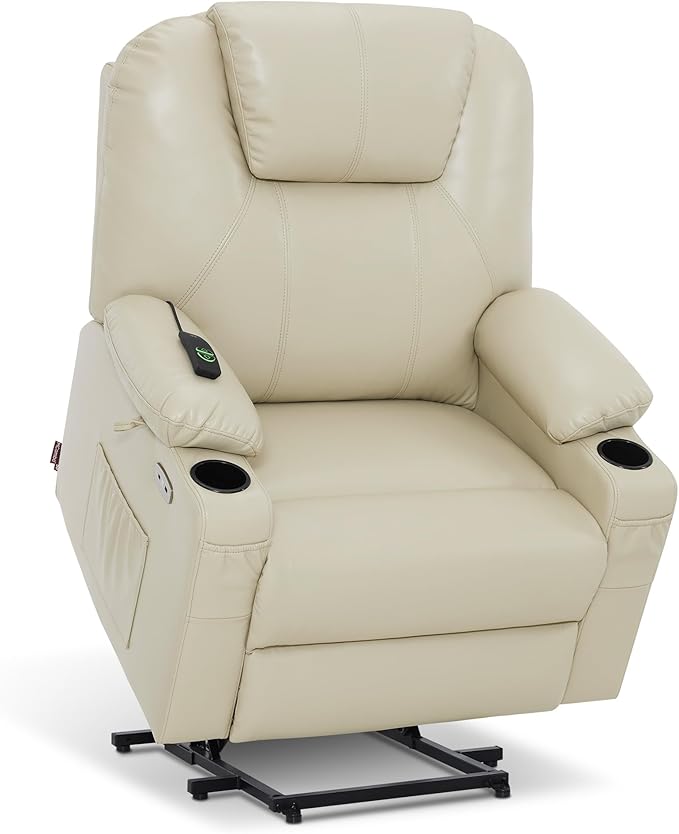 MCombo Oversized Power Lift Recliner Chair for Elderly, Lift Chair with Heat and Massage for Big and Tall, USB&Type C Ports, Cup Holders, Faux Leather R7510 (Cream White, Large-Wide)