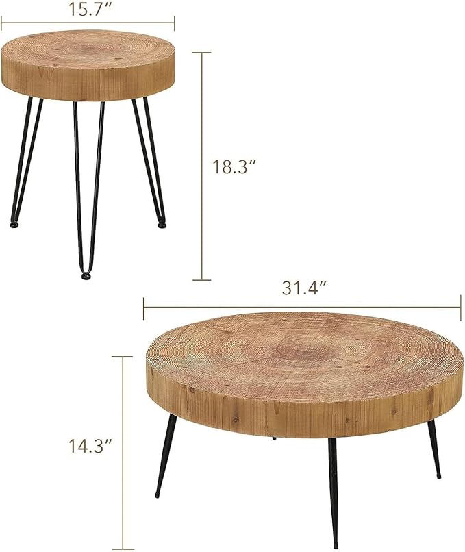 RUSTOWN Farmhouse Round Coffee Table Set of 2, Natural Wood Finish with Unique Ring Design, Modern Circle Side and End Table Sets for Living Room, Natural