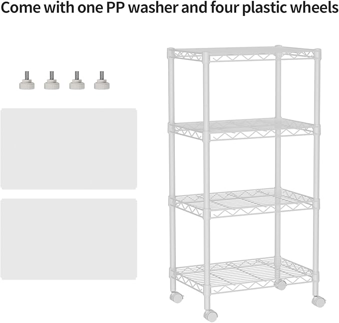 Small 4 Tier Shelves Storage Wire Shelving Unit Metal Shelf Adjustable Organizers Storage Shelving with Wheels for Bathroom Laundry Room Kitchen Pantry12”D x 18”W x 44.8”H White