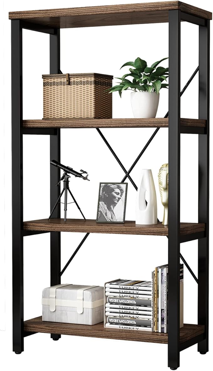 4 Tier Bookshelf, Solid Wood Bookcase Shelf Storage Organizer, Vintage Storage Rack with Open Shelves Rustic Standing Bookshelves for Living Room,Bedroom Rustic Brown(AY01-4tier)