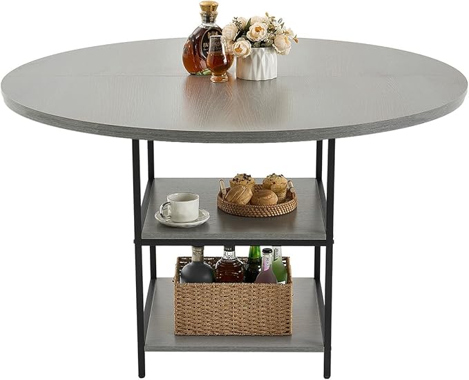 VEVOR Round Dining Table, 47 inch Wood Table for 4-6 Person, Modern Circle Dinner Furniture, Leisure Tables with Storage Shelf and Metal Legs, for Home Kitchen Living Room, Grey (Only Table)