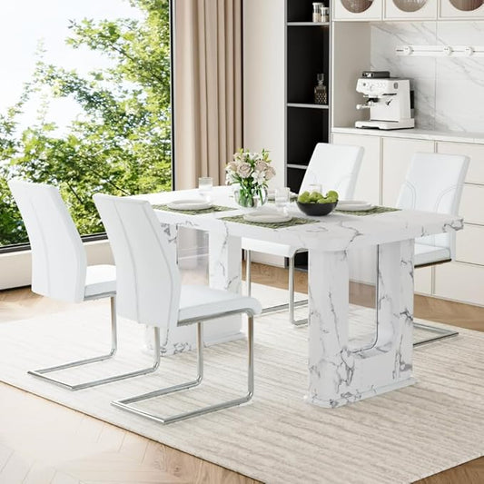 64.5" White Dining Table Set for 4, Modern Kitchen Table and Chairs Set with PU Leather Cushioned Chairs & Decorative Pedestal Base, 5 Piece Marble Pattern Dining Table Set for Dining Room or Kitchen