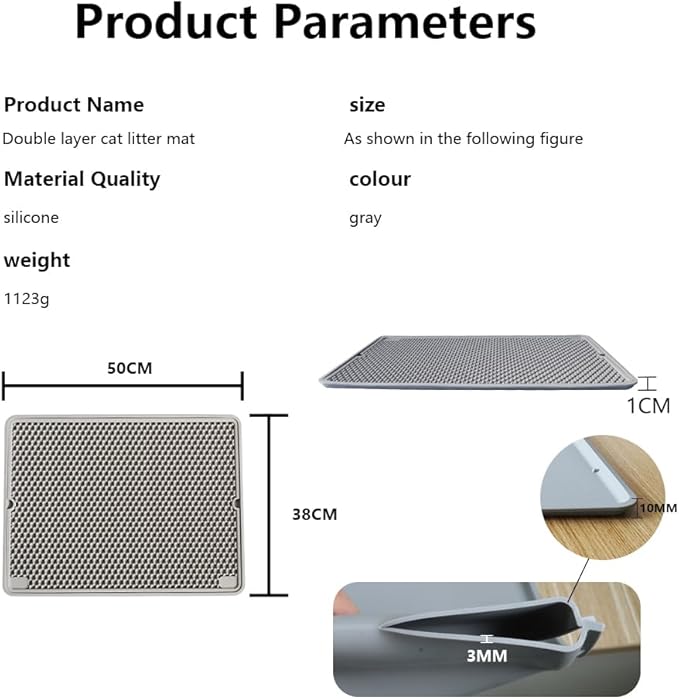 Cat Litter Mat Double Layer, Kitty Litter Box Mat Small Waterproof Urine Proof Trapping, Easy Clean, Silicone Cat Supplies & Accessories for Indoor Pets (Grey, 19.68x14.96x0.39 in)