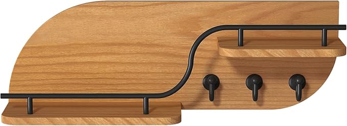 Modern Decorative Key and Mail Holder with 2 Floating Shelves, Wood Wall Mounted Key Organizer with 3 Metal Hooks for Home Entryway, Brown