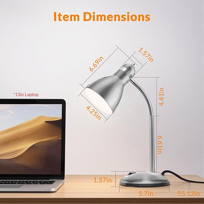LEPOWER Metal Desk Lamp, Adjustable Goose Neck Table Lamp, Eye-Caring Study Desk Lamps for Bedroom, Study Room and Office (Silver)
