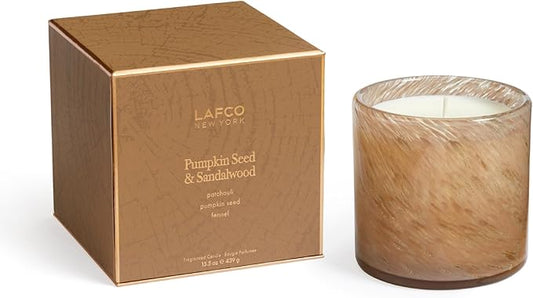 LAFCO New York Holiday Signature Fall Candle, Pumpkin Seed & Sandalwood - 15.5 oz - 90-Hour Burn Time - Reusable, Hand Blown Glass Vessel - Made in The USA