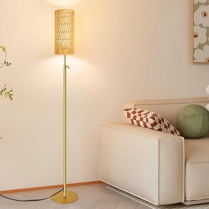Gold Floor Lamps for Living Room Boho Rattan Floor Lamp with Remote Control & 3 Color Temperature Vintage Wicker Standing Lamp Dimmable Tall Floor Lamp for Bedroom Living Room Corner