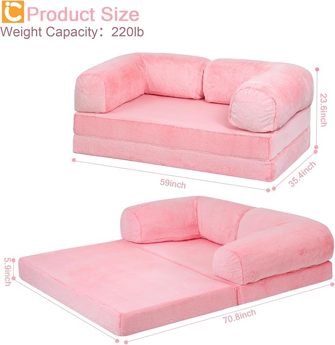 COMAX 4-in-1 Futon Sofa Bed, Queen Size Foldable Couch with L-Shaped Armrests, Convertible Sleeper Chair Bed, Comfortable Lounge Mattress for Living Room and Bedroom, Snow Pink