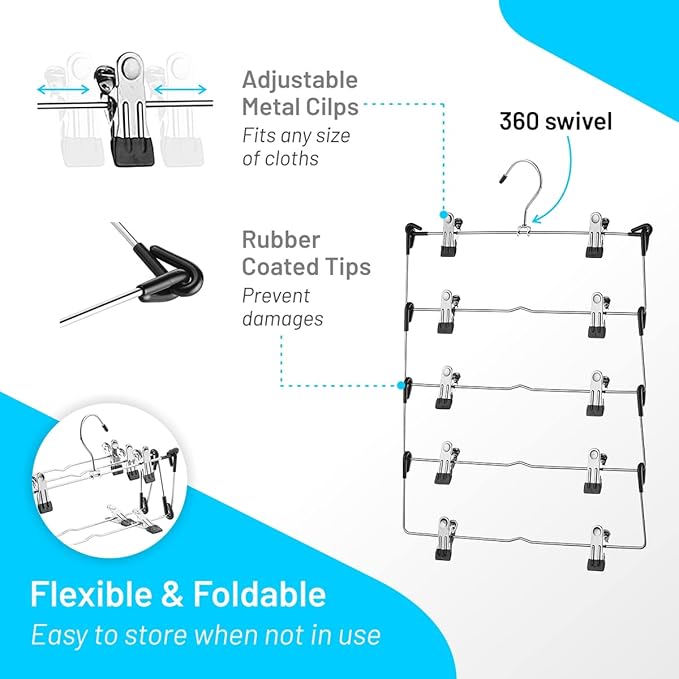 DEILSY™ 5-Tier Skirt Hangers with Clips (3 PK) Pant Space Saving Multiple in one Clothes with Clip Multiple Pants Hanger for Closet Bottom Hangers Metal Hanger with Clips